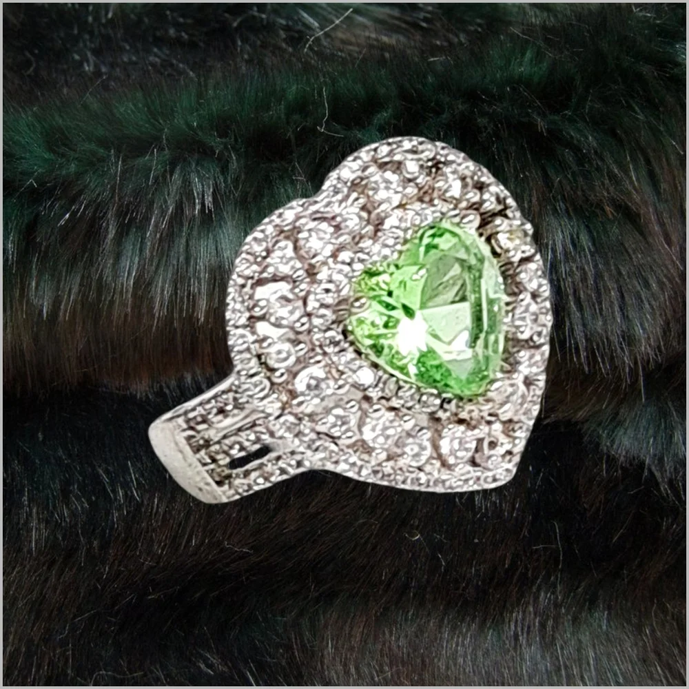 Heart Shaped Trillion Cuf Natural Peridot & White Topaz Halo Silver Ring Size 8.